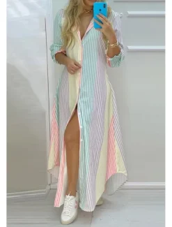Hot Women's Long Dress Maxi Dress Shirt Dress Fashion Outdoor Vacation Holiday Regular Fit Striped Flower Long Sleeve Shirt Collar Black And White White Navy Blue Green Summer Women Floral Dresses