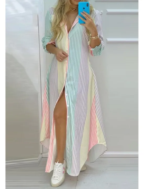 Hot Women's Long Dress Maxi Dress Shirt Dress Fashion Outdoor Vacation Holiday Regular Fit Striped Flower Long Sleeve Shirt Collar Black And White White Navy Blue Green Summer Women Floral Dresses