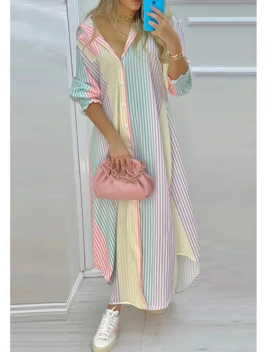 Hot Women's Long Dress Maxi Dress Shirt Dress Fashion Outdoor Vacation Holiday Regular Fit Striped Flower Long Sleeve Shirt Collar Black And White White Navy Blue Green Summer Women Floral Dresses