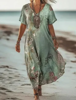 Hot Women's Long Dress Maxi Dress Casual Dress Summer Dress Boho Dress African Vacation Daily Weekend Regular Fit Floral Short Sleeve V Neck Light Green Purple Green Apricot Summer Women Vacation Dresses|Floral Dresses