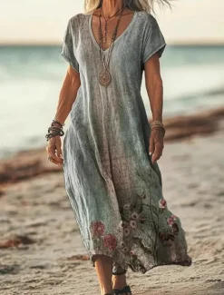Hot Women's Long Dress Maxi Dress Casual Dress Summer Dress Boho Dress African Vacation Daily Weekend Regular Fit Floral Short Sleeve V Neck Light Green Purple Green Apricot Summer Women Vacation Dresses|Floral Dresses
