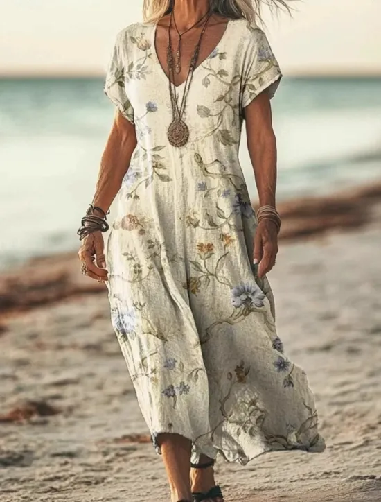 Hot Women's Long Dress Maxi Dress Casual Dress Summer Dress Boho Dress African Vacation Daily Weekend Regular Fit Floral Short Sleeve V Neck Light Green Purple Green Apricot Summer Women Vacation Dresses|Floral Dresses