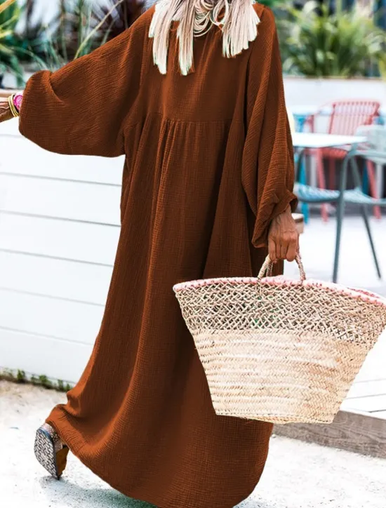 New Women's Long Dress Maxi Dress Casual Dress Stylish Casual Lantern Sleeve Vacation Daily Date Regular Fit Plain Long Sleeve Stand Collar Black Red Brown Spring Fall Women Vacation Dresses