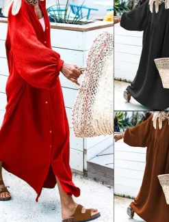 New Women's Long Dress Maxi Dress Casual Dress Stylish Casual Lantern Sleeve Vacation Daily Date Regular Fit Plain Long Sleeve Stand Collar Black Red Brown Spring Fall Women Vacation Dresses