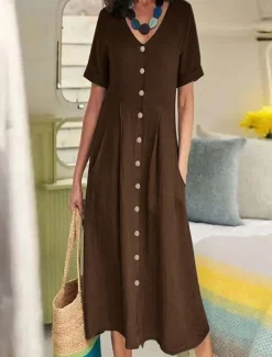 Best Women's Long Dress Maxi Dress Linen-Inspired Dresses Cotton Linen Dress Hawaiian Regular Fit Solid Color Short Sleeve V Neck dark brown claret White Summer Spring Women Dresses