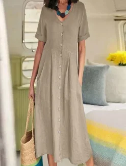 Best Women's Long Dress Maxi Dress Linen-Inspired Dresses Cotton Linen Dress Hawaiian Regular Fit Solid Color Short Sleeve V Neck dark brown claret White Summer Spring Women Dresses