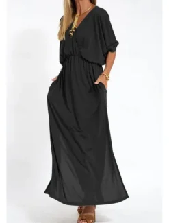 New Women's Long Dress Maxi Dress Casual Dress Cocktail Dress Wedding Guest Dress Chiffon Dress Fashion Vacation Going out Weekend Regular Fit Plain Long Sleeve V Neck Black White Yellow Pink Summer Women Cocktail Dress