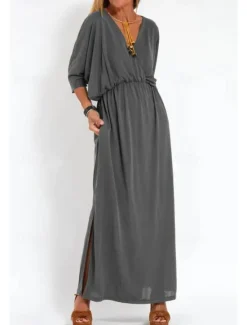 New Women's Long Dress Maxi Dress Casual Dress Cocktail Dress Wedding Guest Dress Chiffon Dress Fashion Vacation Going out Weekend Regular Fit Plain Long Sleeve V Neck Black White Yellow Pink Summer Women Cocktail Dress