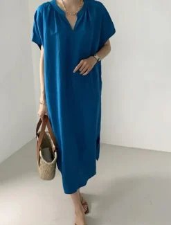 Best Women's Long Dress Maxi Dress Linen-Inspired Dresses Casual Dress Cotton Linen Dress Stylish Casual Vacation Daily Date Regular Fit Plain Short Sleeve V Neck Summer Spring Women Dresses