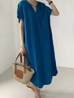 Best Women's Long Dress Maxi Dress Linen-Inspired Dresses Casual Dress Cotton Linen Dress Stylish Casual Vacation Daily Date Regular Fit Plain Short Sleeve V Neck Summer Spring Women Dresses