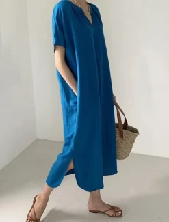 Best Women's Long Dress Maxi Dress Linen-Inspired Dresses Casual Dress Cotton Linen Dress Stylish Casual Vacation Daily Date Regular Fit Plain Short Sleeve V Neck Summer Spring Women Dresses