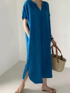 Best Women's Long Dress Maxi Dress Linen-Inspired Dresses Casual Dress Cotton Linen Dress Stylish Casual Vacation Daily Date Regular Fit Plain Short Sleeve V Neck Summer Spring Women Dresses