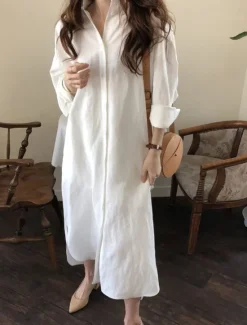 Clearance Women's Long Dress Maxi Dress Linen-Inspired Dresses Shirt Dress Casual Dress Stylish Casual Vacation Daily Date Regular Fit Plain Long Sleeve Lapel White Pink Navy Blue Khaki Summer Spring Women Dresses