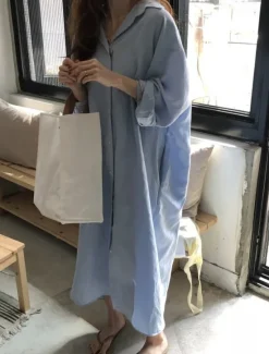 Clearance Women's Long Dress Maxi Dress Linen-Inspired Dresses Shirt Dress Casual Dress Stylish Casual Vacation Daily Date Regular Fit Plain Long Sleeve Lapel White Pink Navy Blue Khaki Summer Spring Women Dresses
