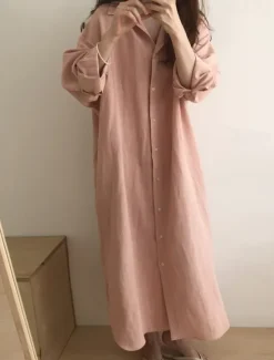 Clearance Women's Long Dress Maxi Dress Linen-Inspired Dresses Shirt Dress Casual Dress Stylish Casual Vacation Daily Date Regular Fit Plain Long Sleeve Lapel White Pink Navy Blue Khaki Summer Spring Women Dresses