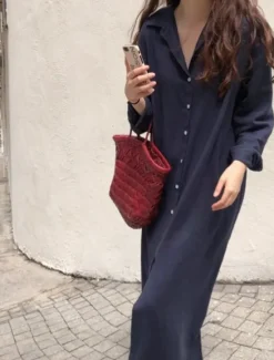 Clearance Women's Long Dress Maxi Dress Linen-Inspired Dresses Shirt Dress Casual Dress Stylish Casual Vacation Daily Date Regular Fit Plain Long Sleeve Lapel White Pink Navy Blue Khaki Summer Spring Women Dresses