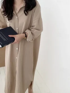 Clearance Women's Long Dress Maxi Dress Linen-Inspired Dresses Shirt Dress Casual Dress Stylish Casual Vacation Daily Date Regular Fit Plain Long Sleeve Lapel White Pink Navy Blue Khaki Summer Spring Women Dresses
