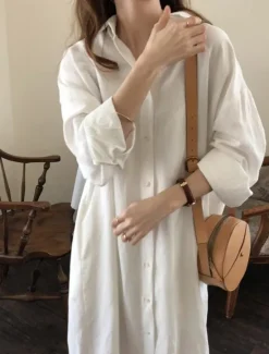 Clearance Women's Long Dress Maxi Dress Linen-Inspired Dresses Shirt Dress Casual Dress Stylish Casual Vacation Daily Date Regular Fit Plain Long Sleeve Lapel White Pink Navy Blue Khaki Summer Spring Women Dresses