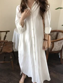 Clearance Women's Long Dress Maxi Dress Linen-Inspired Dresses Shirt Dress Casual Dress Stylish Casual Vacation Daily Date Regular Fit Plain Long Sleeve Lapel White Pink Navy Blue Khaki Summer Spring Women Dresses