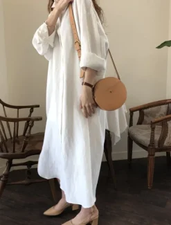 Clearance Women's Long Dress Maxi Dress Linen-Inspired Dresses Shirt Dress Casual Dress Stylish Casual Vacation Daily Date Regular Fit Plain Long Sleeve Lapel White Pink Navy Blue Khaki Summer Spring Women Dresses
