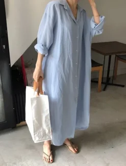 Clearance Women's Long Dress Maxi Dress Linen-Inspired Dresses Shirt Dress Casual Dress Stylish Casual Vacation Daily Date Regular Fit Plain Long Sleeve Lapel White Pink Navy Blue Khaki Summer Spring Women Dresses