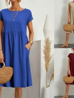 Best Women's Long Dress Maxi Dress Linen-Inspired Dresses Casual Dress Cotton Linen Dress A Line Dress Stylish Casual Vacation Daily Date Regular Fit Plain Short Sleeve Crew Neck Wine Blue Khaki Summer Women Dresses