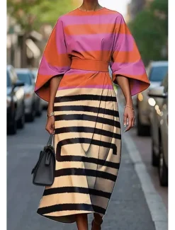 Women's Long Dress Maxi Dress Casual Dress Summer Dress Fashion Modern Daily Date Weekend Regular Fit Geometric 3/4 Length Sleeve Crew Neck Colorful Black White Yellow Summer Women Floral Dresses