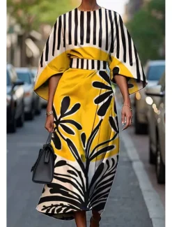 Women's Long Dress Maxi Dress Casual Dress Summer Dress Fashion Modern Daily Date Weekend Regular Fit Geometric 3/4 Length Sleeve Crew Neck Colorful Black White Yellow Summer Women Floral Dresses