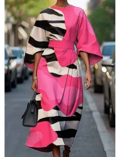 Women's Long Dress Maxi Dress Casual Dress Summer Dress Fashion Modern Daily Date Weekend Regular Fit Geometric 3/4 Length Sleeve Crew Neck Colorful Black White Yellow Summer Women Floral Dresses
