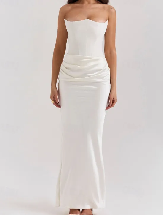 New Women's Long Dress Maxi Dress White Dress Graduation Dress Prom Dress Party Dress Elegant Fashion Party Special Occasion Evening Party Regular Fit Plain Sleeveless Strapless Black White Pink Red Women White Dresses