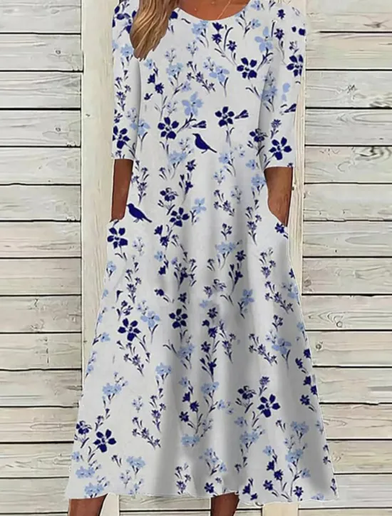 Best Women's Long Dress Maxi Dress Casual Dress Floral Dress Classic Modern Outdoor Daily Going out Regular Fit Flower Long Sleeve Crew Neck White Blue Fall Women Floral Dresses