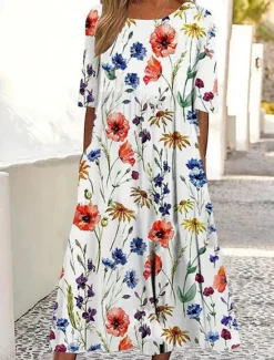 Best Women's Long Dress Maxi Dress Casual Dress Floral Dress Classic Modern Outdoor Daily Going out Regular Fit Flower Long Sleeve Crew Neck White Blue Fall Women Floral Dresses