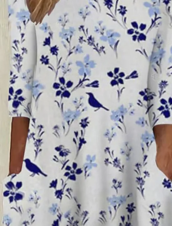 Best Women's Long Dress Maxi Dress Casual Dress Floral Dress Classic Modern Outdoor Daily Going out Regular Fit Flower Long Sleeve Crew Neck White Blue Fall Women Floral Dresses