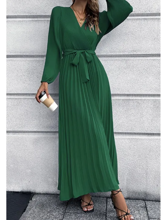 Hot Women's Long Dress Maxi Dress Cocktail Dress Ruched Dress Elegant Fashion Birthday Tea Party Going out Regular Fit Plain Long Sleeve V Neck Black Green Summer Women Cocktail Dress