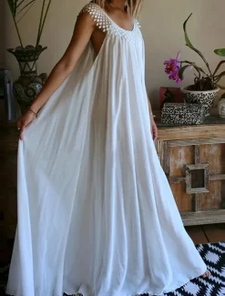 Women's Long Dress Maxi Dress Dress Graduation Dress Casual Dress Cotton Linen Dress Elegant Fashion Classic Outdoor Holiday Date Regular Fit Plain Sleeveless Crew Neck Black Summer Spring Women White Dresses