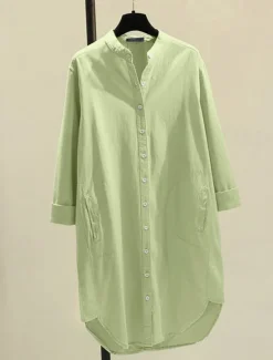Online Women's Long Dress Maxi Dress Linen-Inspired Dresses Shirt Dress Casual Dress Cotton Linen Dress Stylish Casual Vacation Daily Date Regular Fit Plain Long Sleeve Stand Collar White Yellow Pink Green Women Dresses