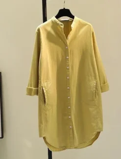 Online Women's Long Dress Maxi Dress Linen-Inspired Dresses Shirt Dress Casual Dress Cotton Linen Dress Stylish Casual Vacation Daily Date Regular Fit Plain Long Sleeve Stand Collar White Yellow Pink Green Women Dresses