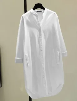 Online Women's Long Dress Maxi Dress Linen-Inspired Dresses Shirt Dress Casual Dress Cotton Linen Dress Stylish Casual Vacation Daily Date Regular Fit Plain Long Sleeve Stand Collar White Yellow Pink Green Women Dresses