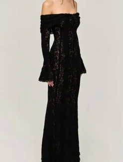 New Women's Long Dress Maxi Dress Lace Dress Prom Dress Party Dress Elegant Fashion Party Special Occasion Evening Party Regular Fit Plain Long Sleeve Off Shoulder Black White Summer Women White Dresses