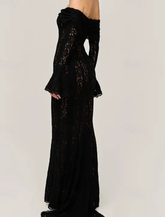 New Women's Long Dress Maxi Dress Lace Dress Prom Dress Party Dress Elegant Fashion Party Special Occasion Evening Party Regular Fit Plain Long Sleeve Off Shoulder Black White Summer Women White Dresses