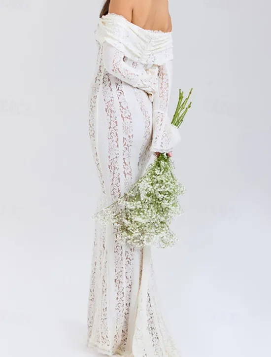New Women's Long Dress Maxi Dress Lace Dress Prom Dress Party Dress Elegant Fashion Party Special Occasion Evening Party Regular Fit Plain Long Sleeve Off Shoulder Black White Summer Women White Dresses