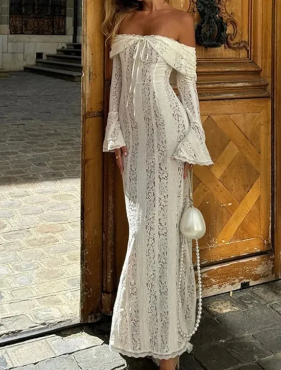 New Women's Long Dress Maxi Dress Lace Dress Prom Dress Party Dress Elegant Fashion Party Special Occasion Evening Party Regular Fit Plain Long Sleeve Off Shoulder Black White Summer Women White Dresses