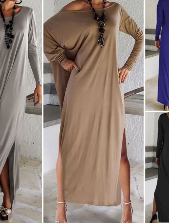 Sale Women's Long Dress Maxi Dress Casual Dress Classic Modern Outdoor Vacation Daily Regular Fit Plain Long Sleeve Crew Neck Black Blue Khaki Gray Summer Women T Shirt Dresses