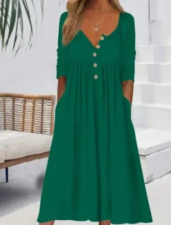 Online Women's Long Dress Maxi Dress Casual Dress Skater Dress Summer Dress Fashion Modern Vacation Daily Weekend Regular Fit Plain Long Sleeve V Neck Black Pink Wine Blue Summer Women White Dresses|Casual Dress