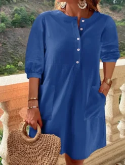 Online Women's Long Dress Maxi Dress Linen-Inspired Dresses Casual Dress Elegant Stylish Basic Vacation Daily Date Regular Fit Plain 3/4 Length Sleeve Crew Neck Blue Orange Summer Spring Fall Women Dresses