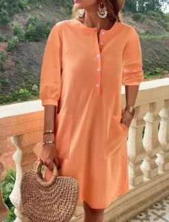 Online Women's Long Dress Maxi Dress Linen-Inspired Dresses Casual Dress Elegant Stylish Basic Vacation Daily Date Regular Fit Plain 3/4 Length Sleeve Crew Neck Blue Orange Summer Spring Fall Women Dresses