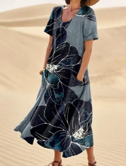 Online Women's Long Dress Maxi Dress Casual Dress Swing Dress Summer Dress Elegant Fashion Romantic Outdoor Party Holiday Regular Fit Flower Short Sleeve Crew Neck Black Blue Green Summer Women Floral Dresses