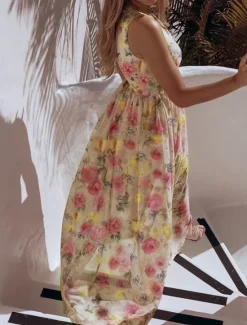 Discount Women's Long Dress Maxi Dress Casual Dress Swing Dress A Line Dress Summer Dress Hawaiian Maxi Boho Vacation Street Holiday Regular Fit Floral Sleeveless V Neck Yellow Pink Green Light Blue Summer Women Spring Dresses