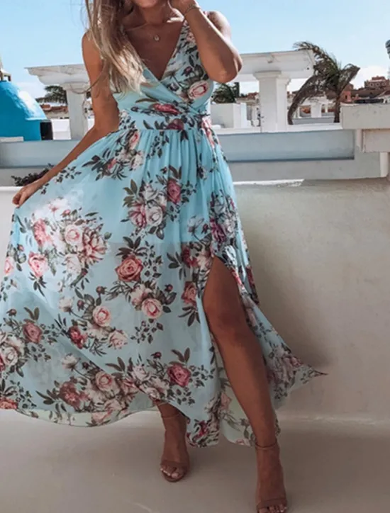 Discount Women's Long Dress Maxi Dress Casual Dress Swing Dress A Line Dress Summer Dress Hawaiian Maxi Boho Vacation Street Holiday Regular Fit Floral Sleeveless V Neck Yellow Pink Green Light Blue Summer Women Spring Dresses