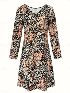 Women's Long Dress Maxi Dress Casual Dress A Line Dress Elegant Vintage Stylish Vacation Party Daily Loose Fit Floral Long Sleeve V Neck Blue Purple Orange Spring Fall Women Floral Dresses|Spring Dresses